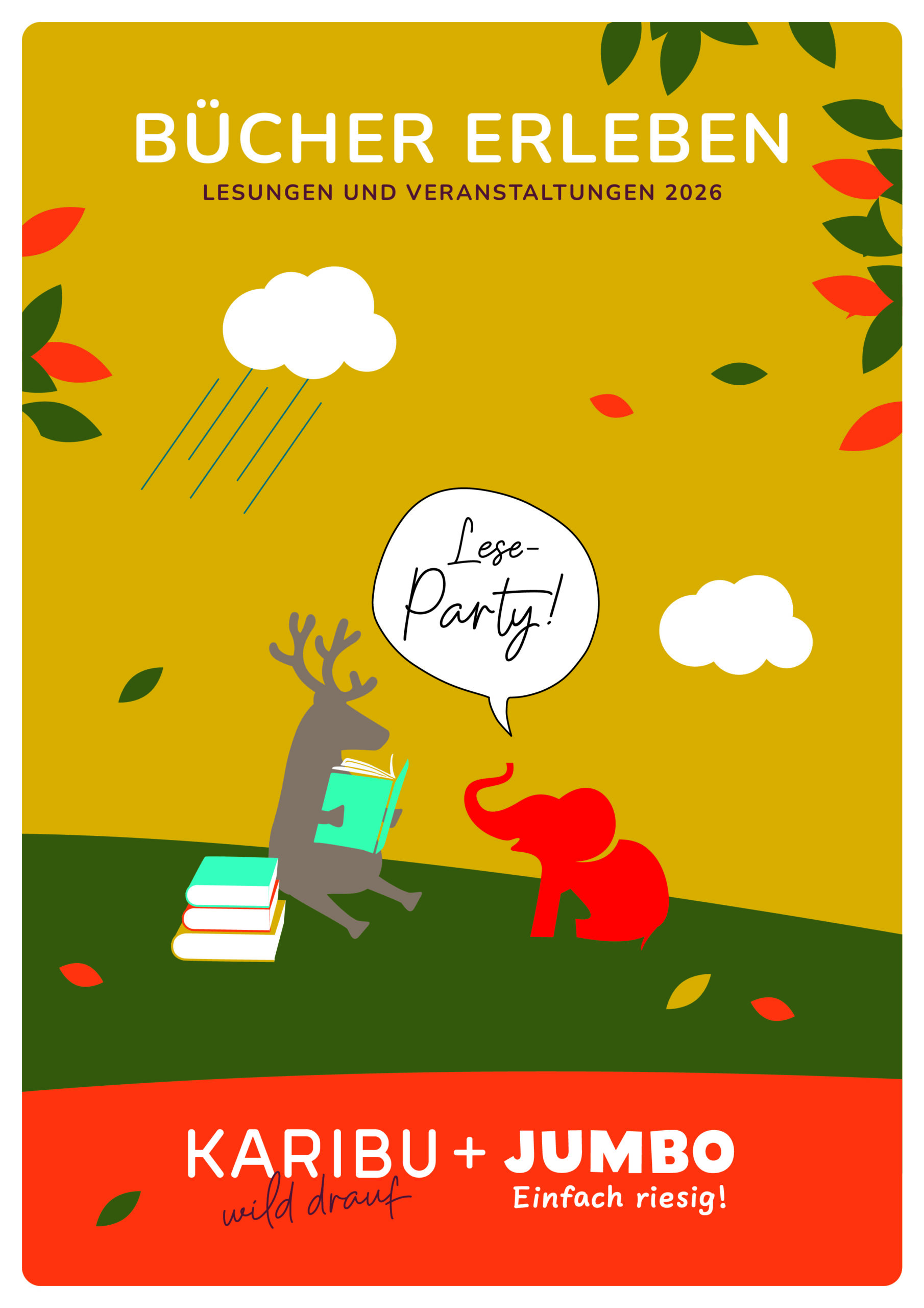 Cover der Publikation des Karibu Verlags. Auf dem Cover sind 2 Karibus und ein Elefant auf Liegestühlen zu sehen. Neben einem der Liegestühle steht ein Sonnenschirm