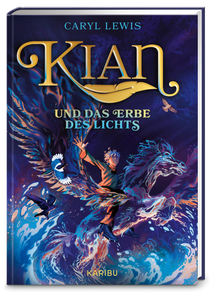 Buchcover „Kian und das Erbe des Lichts“ von Caryl Lewis mit Jungen auf magischem Wasserpferd zwischen Wellen und Vögeln.